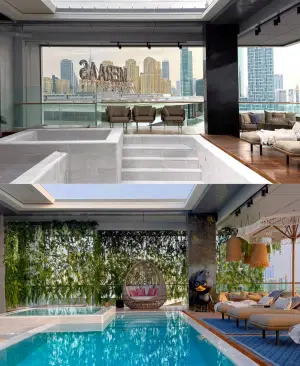 Pool on the terrace in the greenery overlooking the Persian Gulf